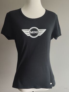 Women's Black Mini Cooper Tee With White Logo Short Sleeves